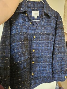 Bungalow Tweed Button-Up Jacket in Navy with Gold Accents
